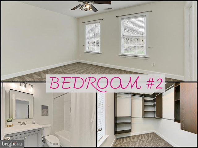 23219 Christopher Thomas Ln, Brambleton, VA 20148 - interior space featuring vanity, ceiling fan, and shower / bath combo with shower curtain
