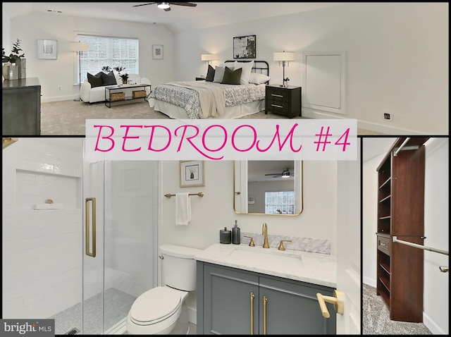 23219 Christopher Thomas Ln, Brambleton, VA 20148 - bathroom with ceiling fan, vanity, and a shower stall