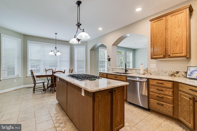 6422 Hard Bargain Cir, Indian Head, MD 20640 - kitchen featuring appliances with stainless steel finishes, a sink, light tile patterned floors, a kitchen island, and recessed lighting