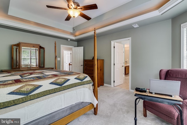 6422 Hard Bargain Cir, Indian Head, MD 20640 - bedroom with a raised ceiling, light colored carpet, baseboards, and a ceiling fan