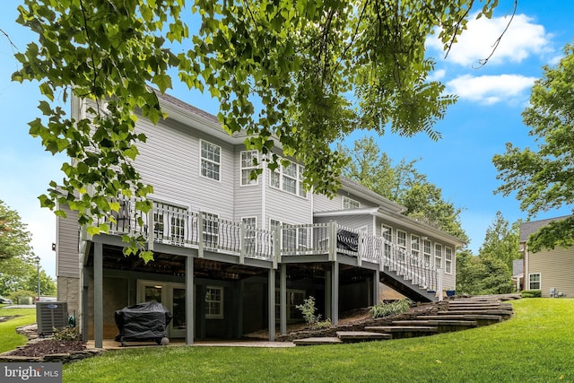6422 Hard Bargain Cir, Indian Head, MD 20640 - back of house with cooling unit, a wooden deck, a lawn, and stairway