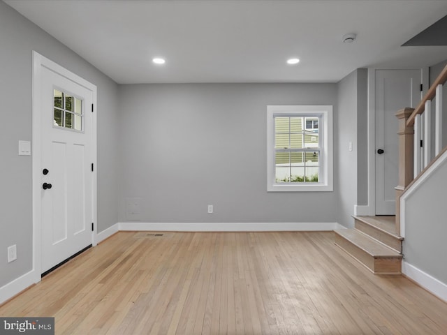 5105 11th St S, Arlington, VA 22204 - foyer with light wood-style flooring, stairway, baseboards, and recessed lighting