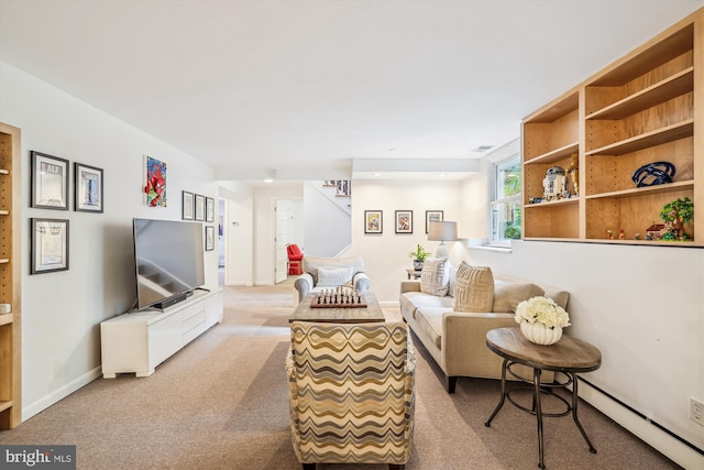 3117 Port Way, Annapolis, MD 21403 - carpeted living room featuring stairway, a baseboard radiator, and baseboards