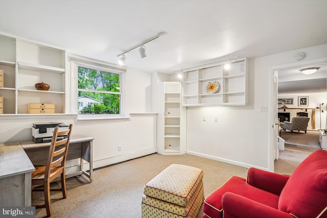 3117 Port Way, Annapolis, MD 21403 - office area featuring track lighting, a brick fireplace, baseboards, and carpet floors