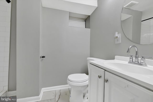 405 N Loudon Ave, Baltimore, MD 21229 - full bathroom featuring marble look tile flooring, toilet, vanity, tiled shower, and baseboards