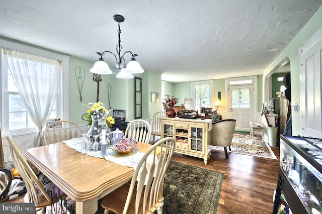 2241 Craley Rd, Windsor, PA 17366 - dining room featuring dark wood finished floors, a chandelier, and a textured ceiling