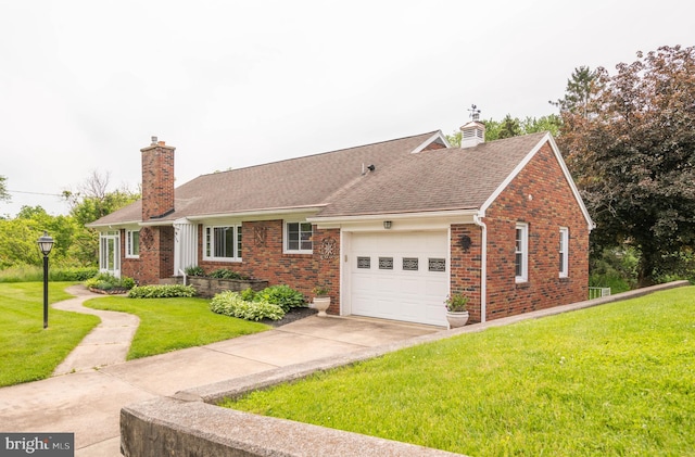 724 E Curtin St, Bellefonte, PA 16823 - view of front of property with a chimney, brick siding, a garage, and a front lawn