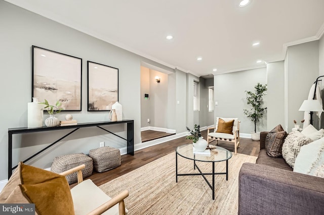1402 W Lombard St, Baltimore, MD 21223 - living area with wood finished floors, recessed lighting, baseboards, and ornamental molding