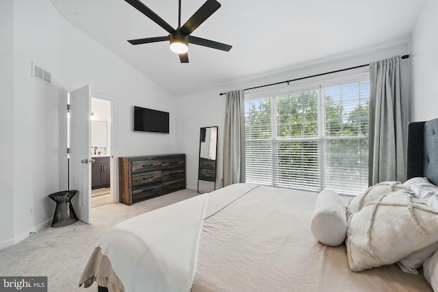 47686 Sandbank Sq, Sterling, VA 20165 - bedroom featuring light carpet, lofted ceiling, baseboards, ceiling fan, and ensuite bath