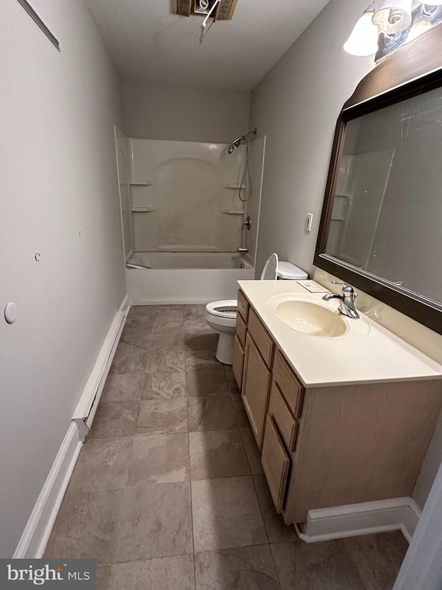 11 Pony Rd, Bridgeton, NJ 08302 - full bath featuring toilet, vanity, shower / bathtub combination, baseboards, and a baseboard heating unit