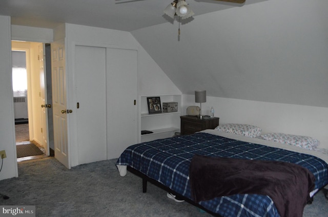 116 Queen Lily Rd, Levittown, PA 19057 - bedroom featuring carpet flooring, radiator, lofted ceiling, a closet, and a ceiling fan