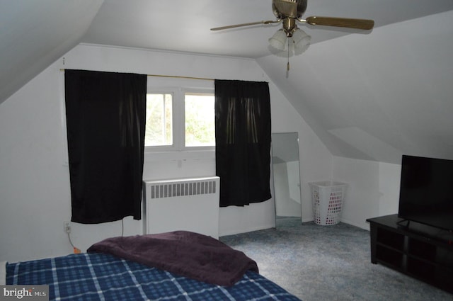 116 Queen Lily Rd, Levittown, PA 19057 - bedroom featuring radiator, vaulted ceiling, carpet, and a ceiling fan