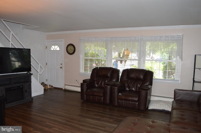 116 Queen Lily Rd, Levittown, PA 19057 - living room featuring stairs, a baseboard radiator, ornamental molding, and wood finished floors