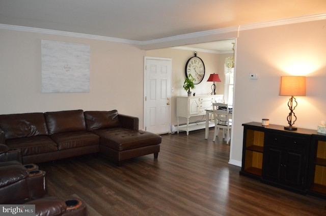 116 Queen Lily Rd, Levittown, PA 19057 - living room featuring ornamental molding, baseboard heating, and dark wood-style flooring