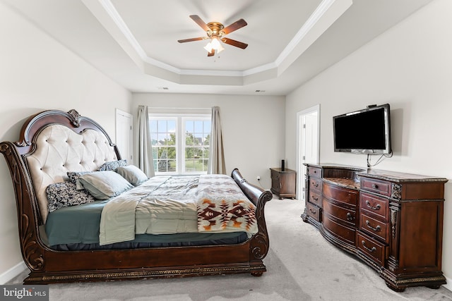 131 Pierce Ln, Kennett Square, PA 19348 - bedroom featuring a raised ceiling, ornamental molding, light carpet, and ceiling fan