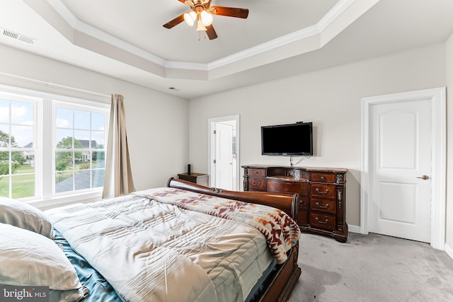 131 Pierce Ln, Kennett Square, PA 19348 - bedroom featuring light colored carpet, a tray ceiling, ornamental molding, baseboards, and a ceiling fan