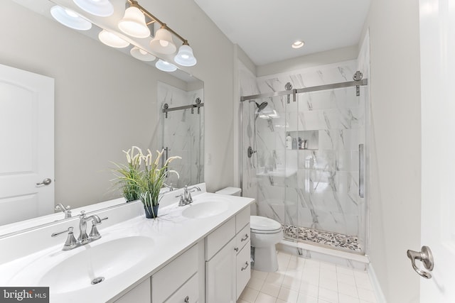 131 Pierce Ln, Kennett Square, PA 19348 - full bath with toilet, a marble finish shower, double vanity, and tile patterned floors