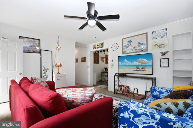 4233 Spire Ct, Snow Hill, MD 21863 - living area featuring carpet, a ceiling fan, and crown molding
