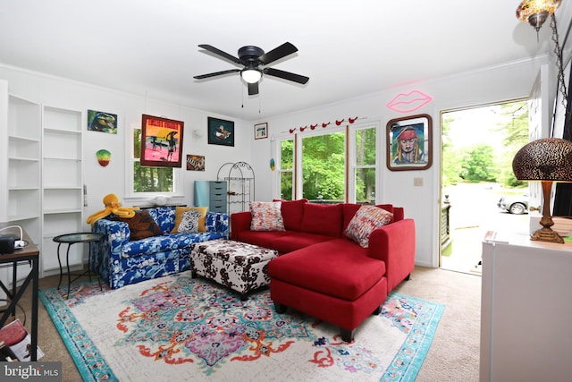 4233 Spire Ct, Snow Hill, MD 21863 - living area with a ceiling fan, ornamental molding, and built in features