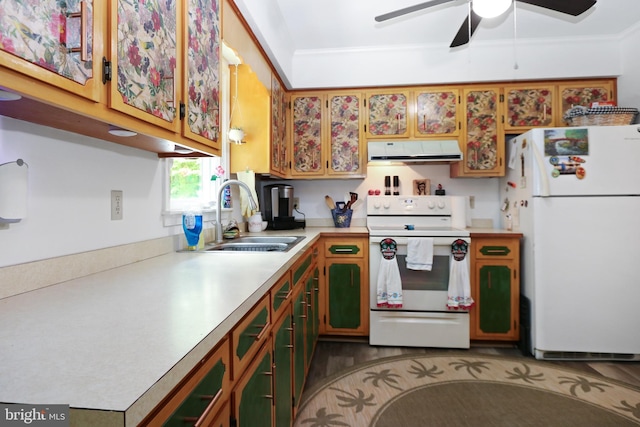 4233 Spire Ct, Snow Hill, MD 21863 - kitchen with extractor fan, white appliances, a sink, light countertops, and a ceiling fan
