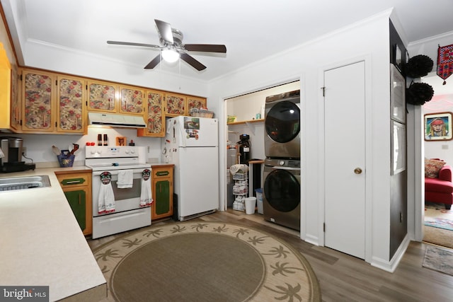 4233 Spire Ct, Snow Hill, MD 21863 - kitchen with white appliances, stacked washer / drying machine, extractor fan, light countertops, and ornamental molding