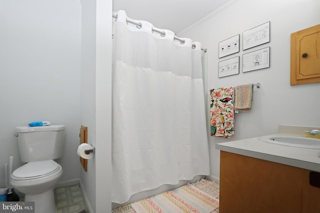 4233 Spire Ct, Snow Hill, MD 21863 - bathroom featuring toilet, vanity, a shower with shower curtain, and baseboards