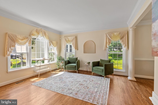 2121 Chaucer Way, Woodstock, MD 21163 - living area featuring decorative columns, crown molding, and baseboards
