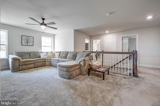 311 Ironstone Ln, Elverson, PA 19520 - carpeted living area with baseboards, a ceiling fan, and recessed lighting
