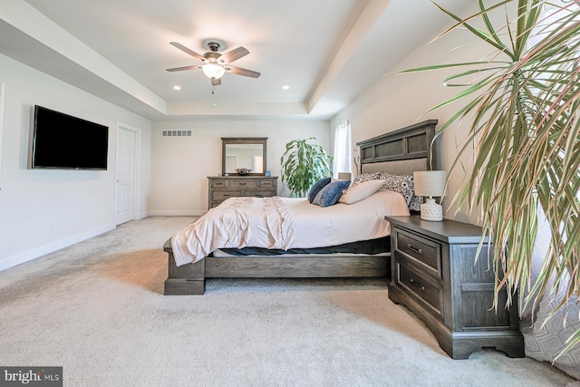 311 Ironstone Ln, Elverson, PA 19520 - bedroom featuring light colored carpet, baseboards, a tray ceiling, recessed lighting, and a ceiling fan