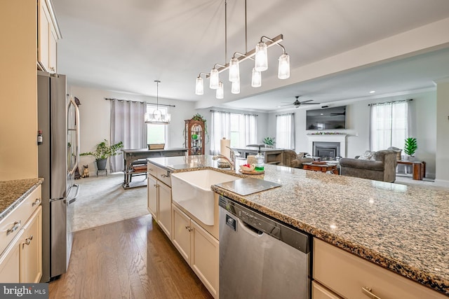 311 Ironstone Ln, Elverson, PA 19520 - kitchen with appliances with stainless steel finishes, a sink, a ceiling fan, and stone counters