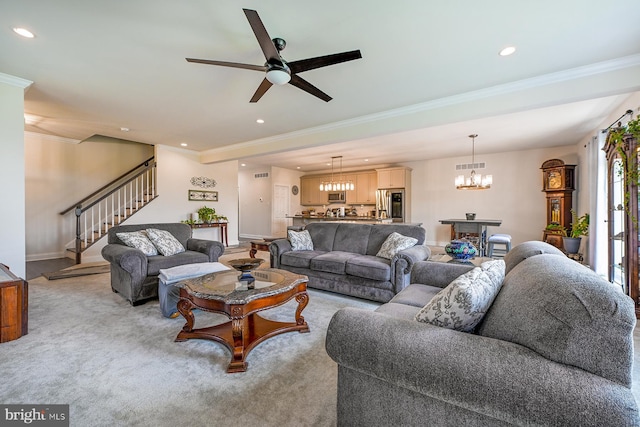 311 Ironstone Ln, Elverson, PA 19520 - living area featuring a chandelier, stairway, ceiling fan, ornamental molding, and recessed lighting