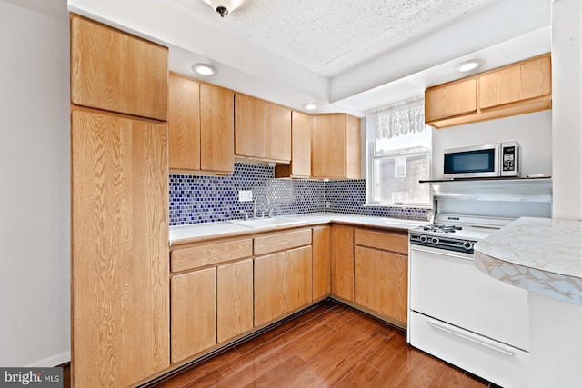 7155 Erdrick St, Philadelphia, PA 19135 - kitchen featuring white gas range oven, a sink, stainless steel microwave, light countertops, and decorative backsplash