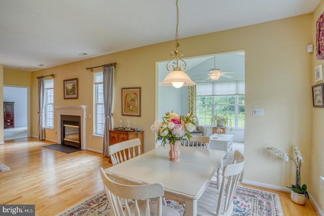 636 Poets Way, Middletown, DE 19709 - dining area with light wood-style floors, a fireplace with flush hearth, a ceiling fan, and baseboards