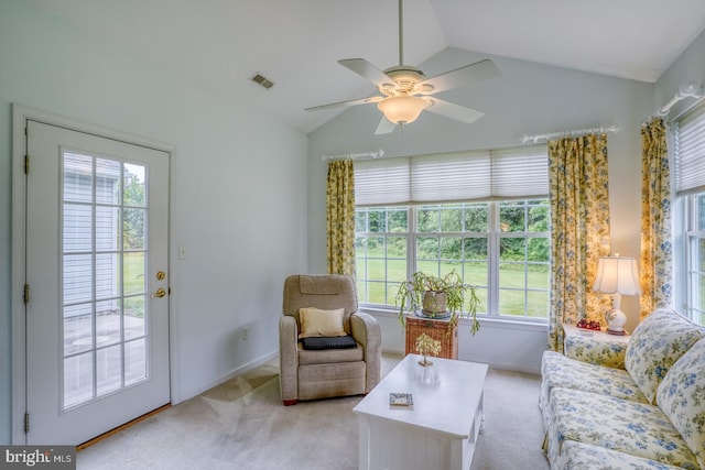 636 Poets Way, Middletown, DE 19709 - living room with vaulted ceiling, light colored carpet, a ceiling fan, and baseboards