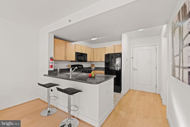 800 4th St SW Unit N216, Washington, DC 20024 - kitchen featuring black appliances, light brown cabinets, light wood-style floors, and a peninsula