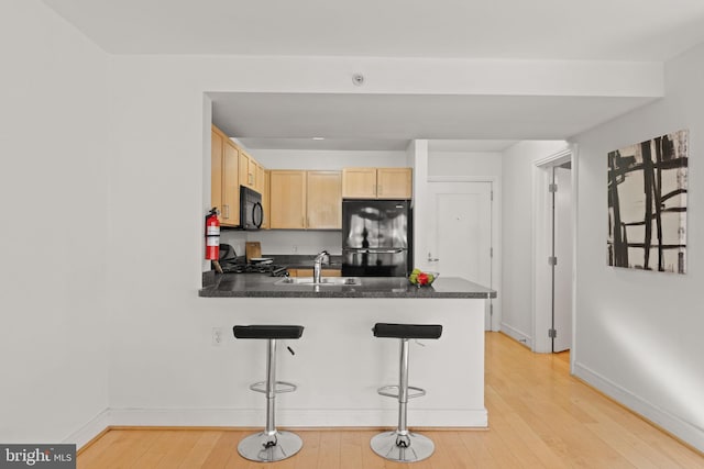 800 4th St SW Unit N216, Washington, DC 20024 - kitchen featuring black appliances, light brown cabinets, dark countertops, and a sink