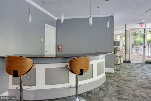 800 4th St SW Unit N216, Washington, DC 20024 - bar with crown molding, dark carpet, baseboards, pendant lighting, and expansive windows