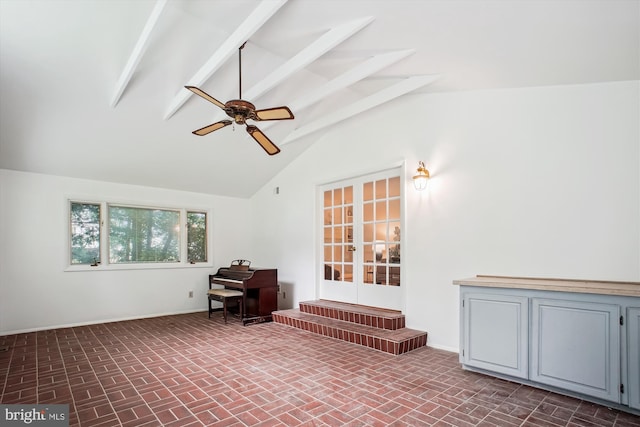 944 War Admiral St, Great Falls, VA 22066 - empty room featuring beam ceiling, a ceiling fan, baseboards, brick patterned flooring, and french doors