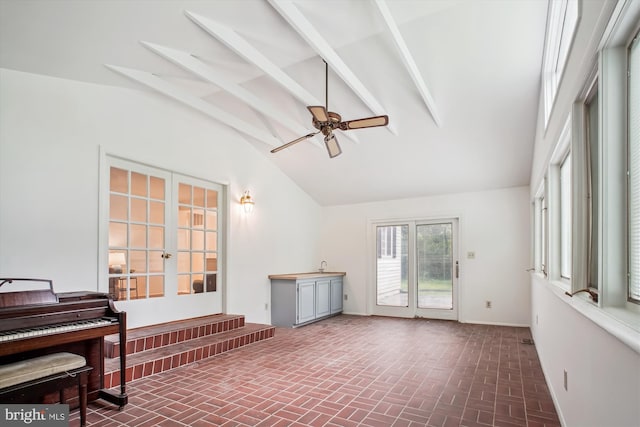 944 War Admiral St, Great Falls, VA 22066 - living area featuring brick patterned floors, a ceiling fan, baseboards, and french doors