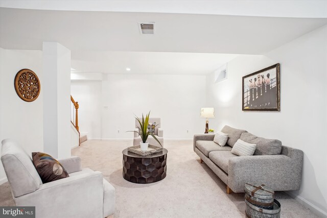 944 War Admiral St, Great Falls, VA 22066 - living room featuring carpet flooring, stairs, and baseboards