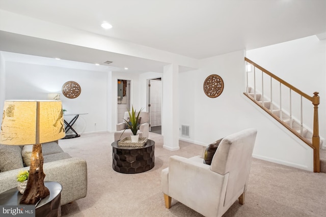 944 War Admiral St, Great Falls, VA 22066 - living room featuring carpet flooring, stairway, baseboards, and recessed lighting