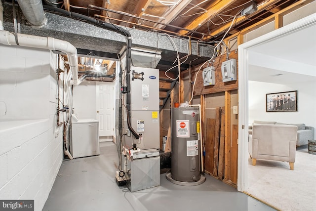 944 War Admiral St, Great Falls, VA 22066 - unfinished below grade area featuring electric water heater, concrete block wall, heating unit, and washing machine and dryer