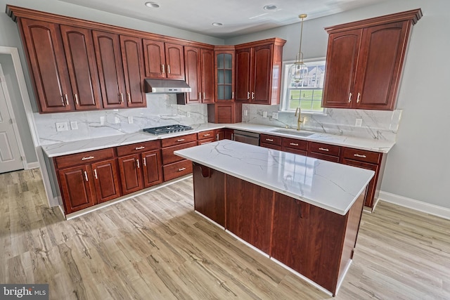 1201 Falls Grove Ln, York, PA 17404 - kitchen with a sink, under cabinet range hood, stainless steel appliances, light wood-style flooring, and recessed lighting