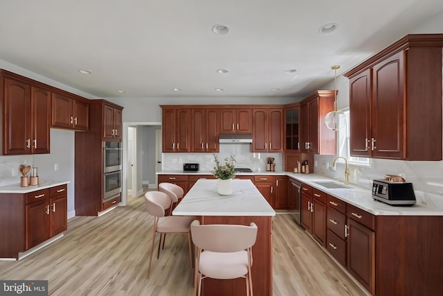 1201 Falls Grove Ln, York, PA 17404 - kitchen with a sink, under cabinet range hood, appliances with stainless steel finishes, light wood-style floors, and decorative backsplash