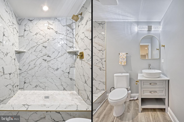 1201 Falls Grove Ln, York, PA 17404 - bathroom with toilet, vanity, a marble finish shower, and wood finished floors