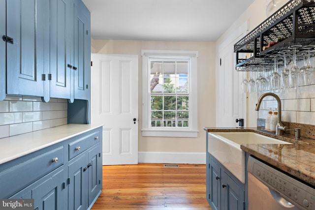 123 Coral St, Beach Haven, NJ 08008 - kitchen with dishwasher, blue cabinetry, light wood-type flooring, baseboards, and decorative backsplash