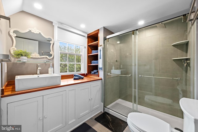 123 Coral St, Beach Haven, NJ 08008 - full bathroom featuring toilet, a shower stall, vanity, recessed lighting, and tile patterned floors
