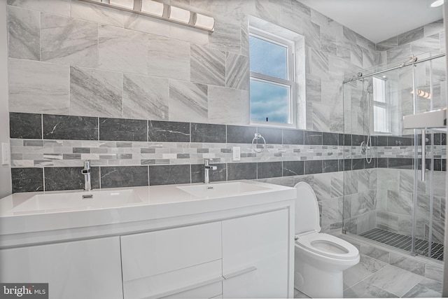 1838 N 4th St, Philadelphia, PA 19122 - bathroom with tile walls, a stall shower, and double vanity