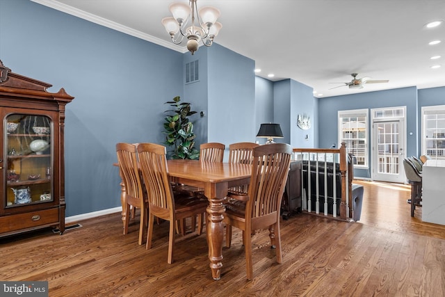 22650 Gray Falcon, Ashburn, VA 20148 - dining space featuring wood finished floors, a chandelier, a ceiling fan, recessed lighting, and baseboards