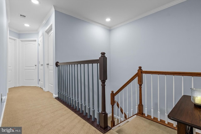 22650 Gray Falcon, Ashburn, VA 20148 - staircase with carpet floors, crown molding, and recessed lighting